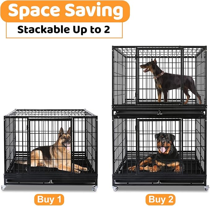 Homey Pet 47 Inch Heavy Duty Dog Crate for Large Dogs, Stackable & Indestructible Dog Cage for High Anxiety Dogs with Four Lockable Wheels, Two Removable Trays, Escape Proof Dog Kennel Indoor