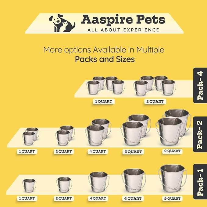 1 Quart Heavy Duty Stainless Steel Round Bucket with Handle | Fits kennel Cage Critter Crates Farm | Food & Water Pail for Small Pets Birds Dog Cat | Livestock Multipurpose use, Pack of 2