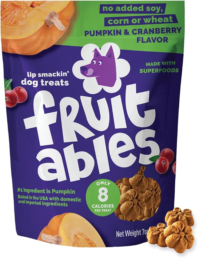 Fruitables Baked Dog Treats, Healthy Pumpkin Snacks for Dogs, Low Calorie & Delicious, No Wheat, Corn or Soy, Puppy Training Treats, Made in the USA, Pumpkin and Cranberry Flavor, 7oz