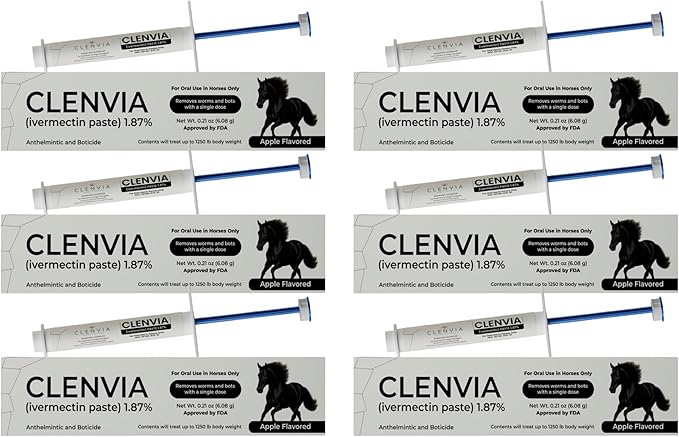 Ivermectin Horse Wormer Paste 1.87% – Apple Flavored 6.08g (0.21 oz) Oral Syringe – Treats Horses Up to 1,250 lbs – Adjustable 250 lb Weight Markings – Removes Worms & Bot Control – 6 Pack