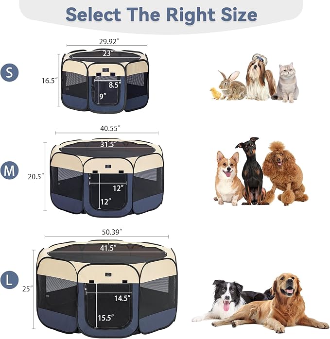 Dog Playpen for Small Dogs & Puppies, 29.92" Portable Indoor Outdoor Puppy Playpen with Bowl, Waterproof Floor, Foldable Pop-Up Pet Pen for Home, Travel & Daily Use, Blue+Beige