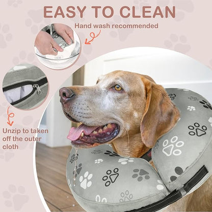 SCENEREAL Dog Cone Alternative After Surgery Donut Collar, Soft Pet Recovery Pillow Collar for Medium Large Dogs, Inflatable Adjustable Neck Collars to Prevent Licking, Grey Footprints L