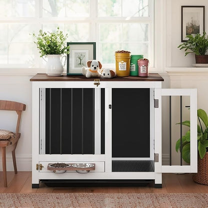 31.5" Dog Crate Furniture - Wooden Dog Kennel with 360° Rotating Feeder & Removable Tray | Indoor Multi-Functional End Table for Medium & Small Dogs, White Dog Cage, Portable Pet Furniture