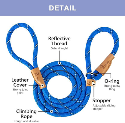 5 FT Slip Lead Dog Leash, Heavy Duty Rope Leash for Small Medium Large Dogs, No Pull Training Lead with Reflective Thread, Strong Comfortable Loop Leash (Blue Stripe, Medium(3/8"))