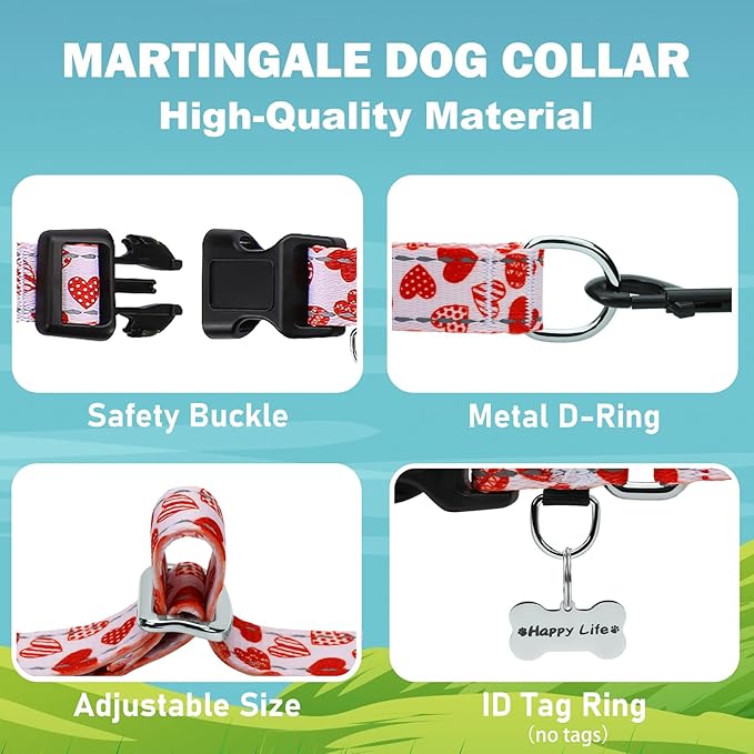 Valentines Reflective Martingale Collar for Dogs with Quick Release Buckle Cute Girl No Pull Dog Collars (Red Heart, Medium)