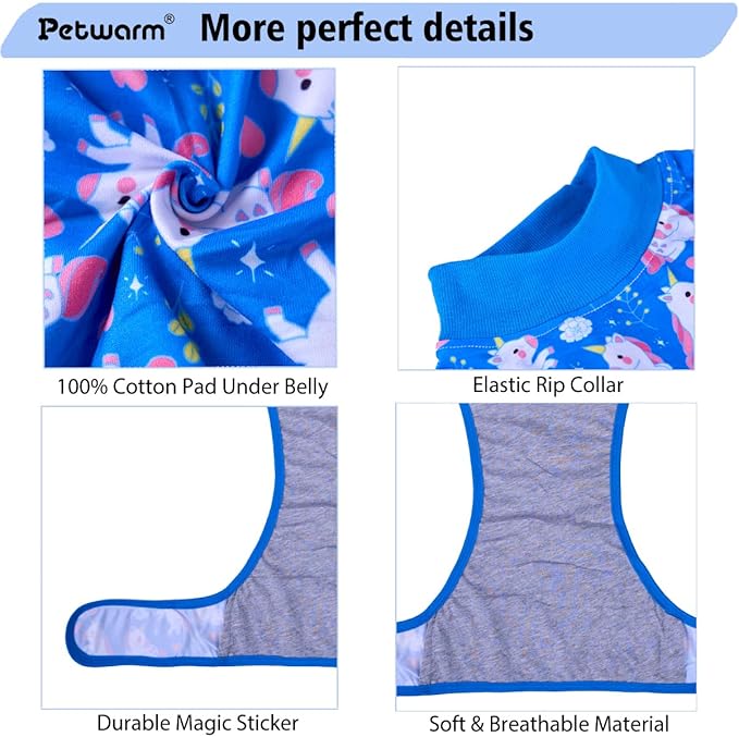 PetWarm Dog Surgery Suit, Dog Surgical Recovery Suit Female and Male, Onesies for Dogs, Anti-Licking Surgery Recovery Shirt for Dogs, Unicorn Pattern, Blue, S