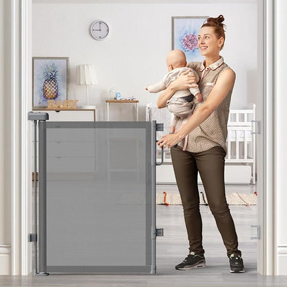 Retractable Baby Gate for Stairs, 55" Wide Mesh Dog Gate Indoor, 34" Tall Child Gate for Doorways, Hallways, Deck, Indoor Outdoor Pet Baby Safety Essentials for Home, Grey