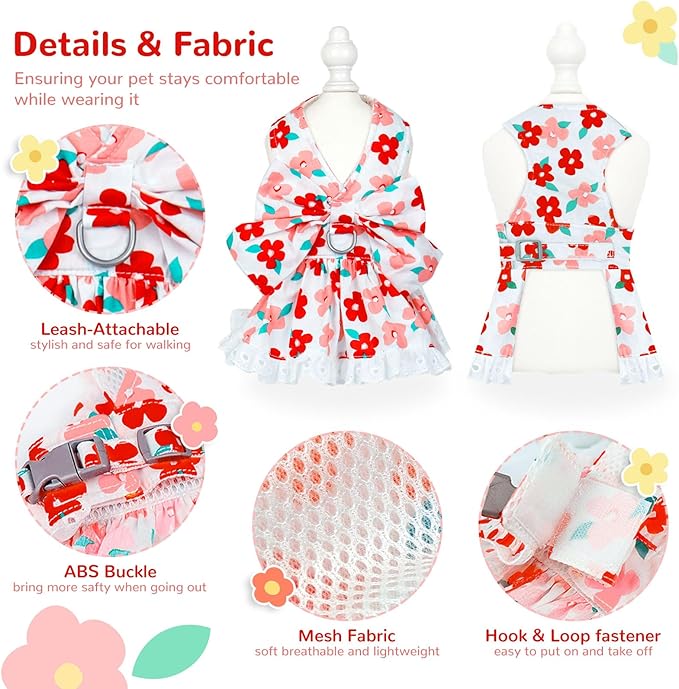 ABRRLO Dog Harness Dress Leash Set for Small Dog Summer Clothes Girl Female Puppy Cats Outfits Cute Floral Bowknot Princess Birthday Dress for Extra Small Pet Doggie Kitten Outfits Apparel(Red,M)