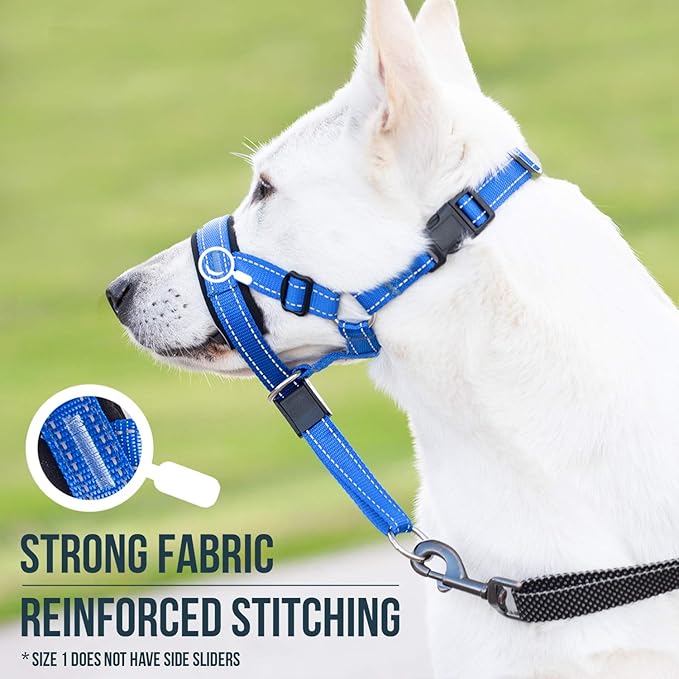 GoodBoy Dog Head Halter with Safety Strap - Stops Heavy Pulling On The Leash - Padded Headcollar for Small Medium and Large Dog Sizes - Head Collar Training Guide Included (Size 1, Blue Nylon)