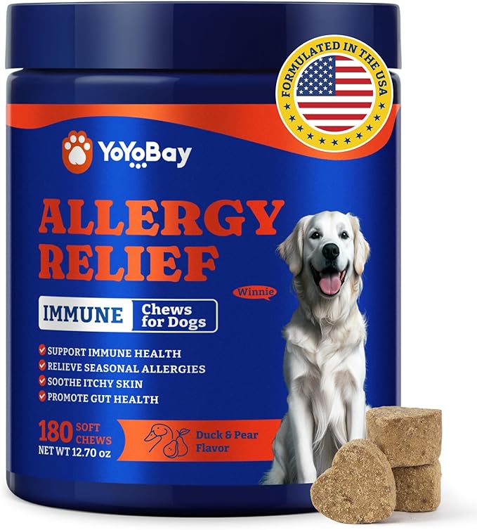 Dog Allergy Relief Chews – 180 Soft Chews, Duck & Pear Flavor - Immune Support & Itch Relief with Colostrum, Astragalus Root, 6-Strain Gut Health Blend