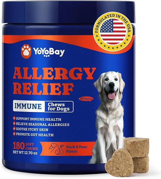 Dog Allergy Relief Chews – 180 Soft Chews, Duck & Pear Flavor - Immune Support & Itch Relief with Colostrum, Astragalus Root, 6-Strain Gut Health Blend