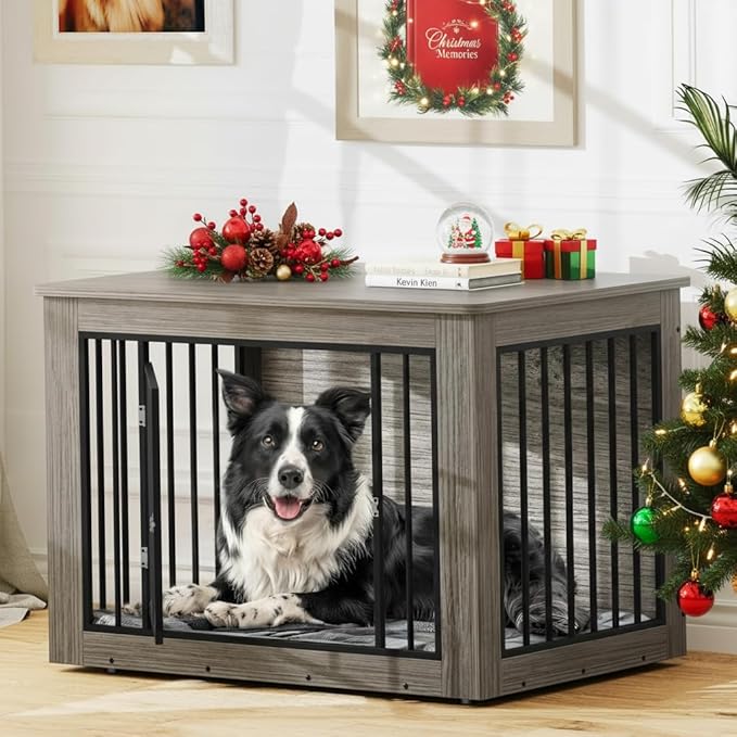 YITAHOME Dog Crate Furniture for Large Dogs, Side End Table, Modern Dogs Kennel Indoor up to 60 lb, 2-in-1 Iron-Wood Fusion Dog Cage with Waterproof Top, Safety Corners, Steel Lock,38" L,Greige