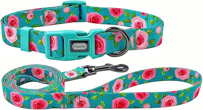 Dog Collar and Leash Set, Rose Pattern, Polyester Material, 5ft Matching Leash, for Large Dogs.(L, Green Rose Set)