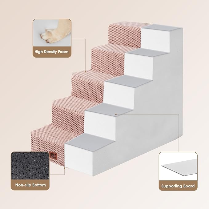 EHEYCIGA Dog Stairs for Bed 25" H, 5-Step Extra Wide Dog Steps for High Bed, Pet Steps for Small Dogs and Cats, Non-Slip Balanced Pet Ramp Indoor, Pink