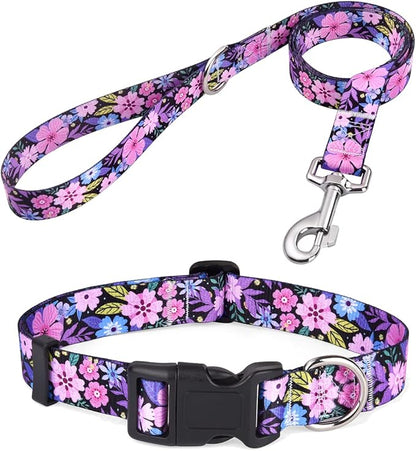 Mihqy Dog Collar and Leash Set with Bohemia Floral Tribal Geometric Patterns - Soft Ethnic Style Collar Adjustable for Small Medium Large Dogs(Pink Floral Set,XS)