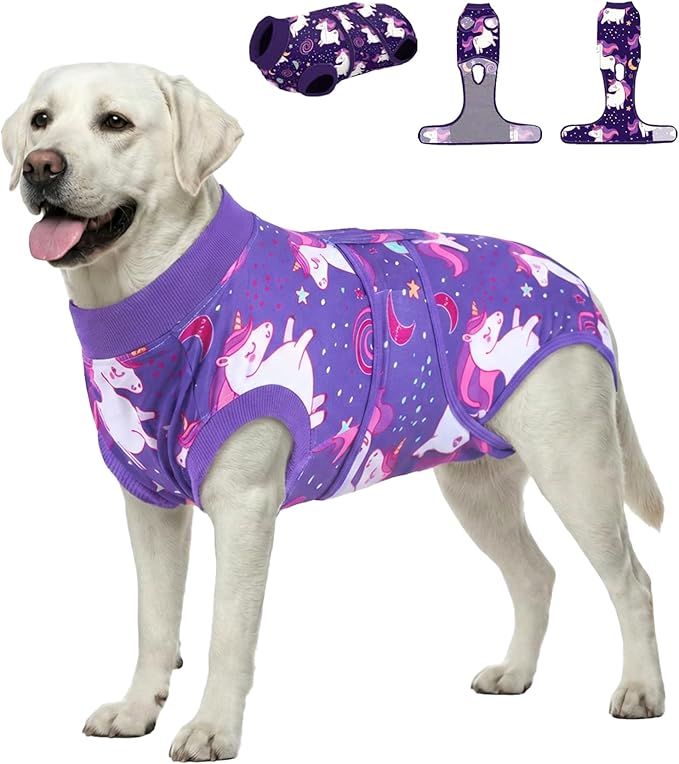 PetWarm Dog Surgical Suit, Dog Surgical Recovery Suit, Spay and Neuter, Prevents Licking After Surgery Onesie, Pet Recovery Suit for Dogs, Pet Recovery Shirt, Unicorn Pattern, Purple, 2XL