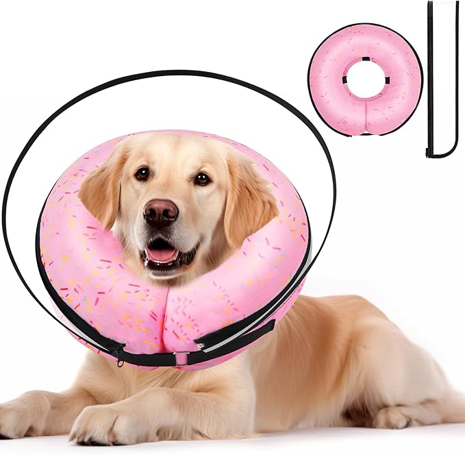 2-in-1 Soft Inflatable Dog Cone Collar Alternative with Enhanced Anti-Licking Guard Shield, Dog Donut Collar After Surgery, Adjustable Recovery Cones for Large Medium Dogs and Cats (Donut Pink, M)