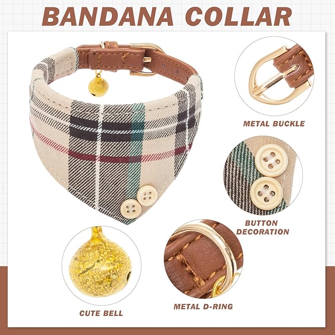 EXPAWLORER Dog Collar and Bandana Set - Classic Plaid Dog Bow Tie and Bandana Collar with PU Leather, Adjustable Collars for Small Medium Large Dogs Cats, Holiday Ideal Gift, Beige S