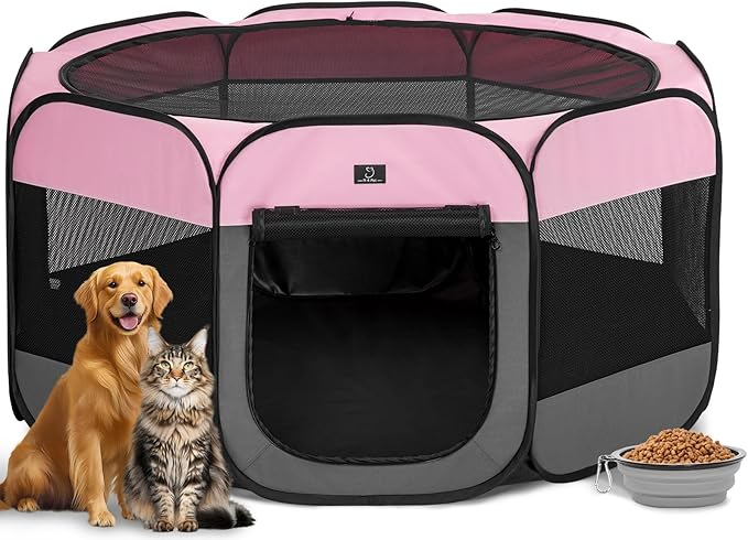 Dog Playpen for Small Dogs & Puppies, 50.39" Portable Indoor Outdoor Puppy Playpen with Bowl, Waterproof Floor, Foldable Pop-Up Pet Pen for Home, Travel & Daily Use, Pink+Grey