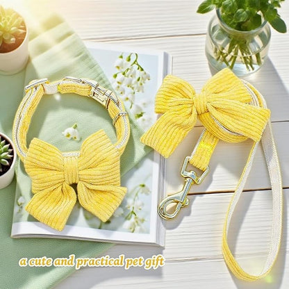 Dog Collar and Leash Set with Bowtie, Girl Dog Collars Metal Buckle Adjustable for Small Medium Dogs (Yellow, M: Neck 13"-22" Leash 5 FT)