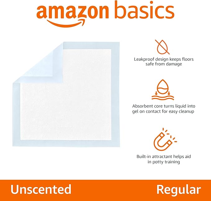 Amazon Basics Leak-Proof Dog and Puppy Potty Training Pee Pads with Quick-Dry 5-Layer Super Absorbent Design, Regular Size 22 x 22 inch, Blue & White, 100 Count