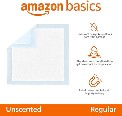 Amazon Basics Leak-Proof Dog and Puppy Potty Training Pee Pads with Quick-Dry 5-Layer Super Absorbent Design, Regular Size 22 x 22 inch, Blue & White, 100 Count