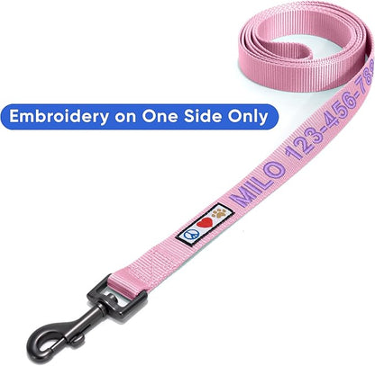 Pawtitas Personalized 6 ft Millennial Pink Dog Leash XS/S Custom Name and Phone Embroidery Strong Nylon Leash for Small Breeds