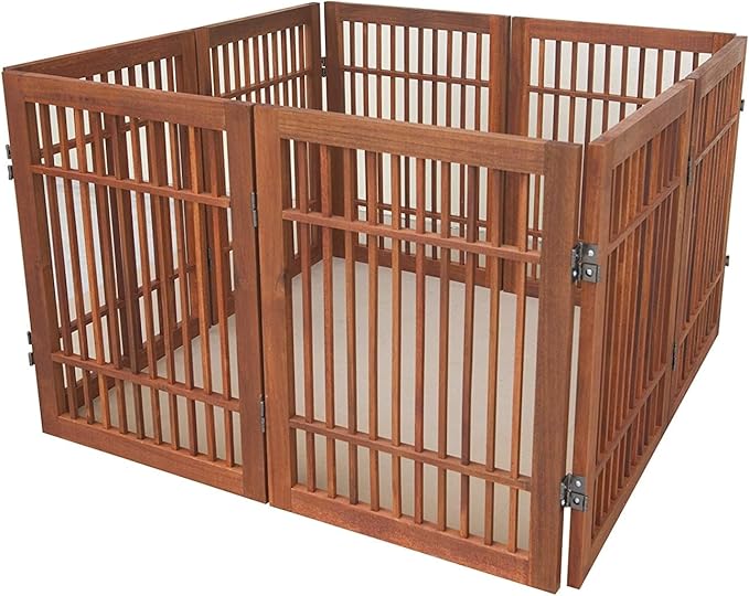Urnporium Freestanding Wooden Dog Gate Foldable Indoor Pet Gate No Drill Expandable Barrier for Doorways Stairs Hallways Portable Wood Fence for Small Dogs & Puppies (Brown Pet Gate, 8 Panel 24" Tall)