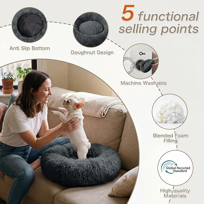 WROS Calming Dog Bed, 24" x 24" x 6" Fits Cat & Dog, Anti-Slip Round Washable Faux Fur for Doze Off, Napping Orthopedic, Dark Grey