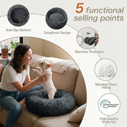 WROS Calming Dog Bed, 24" x 24" x 6" Fits Cat & Dog, Anti-Slip Round Washable Faux Fur for Doze Off, Napping Orthopedic, Dark Grey