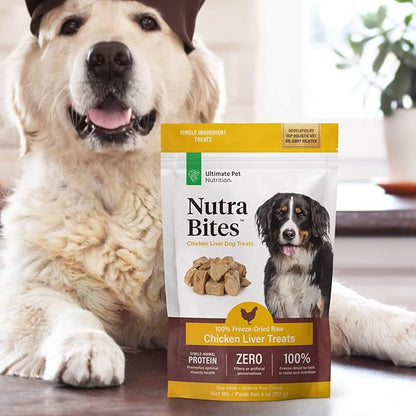 ULTIMATE PET NUTRITION Nutra Bites Freeze Dried Raw Single Ingredient Training Treats Food Topper for Dogs, 4 Ounces, Chicken Liver