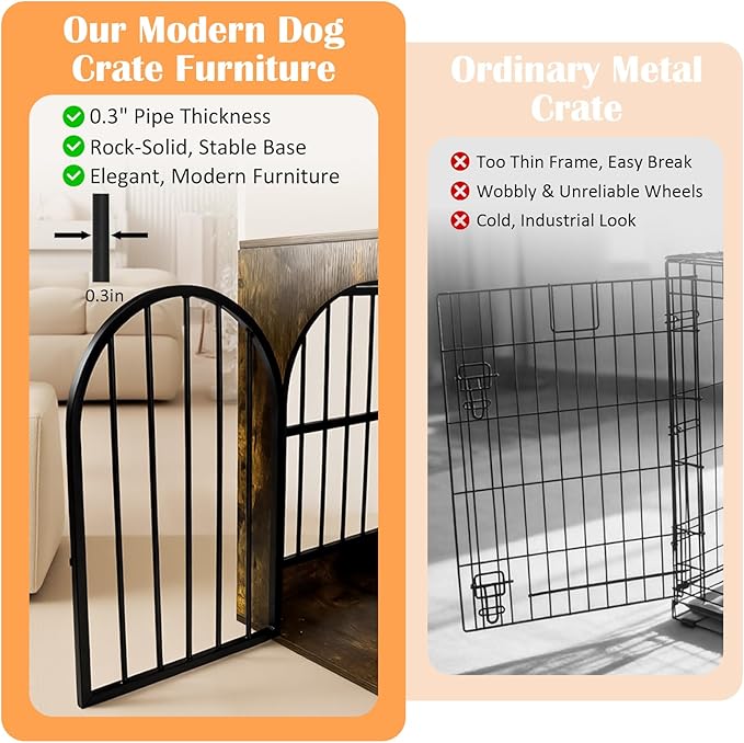 Dog Crate Furniture for Small Medium Dogs, Heavy Duty Wood Metal Indoor Dog Kennel with Bowls, Decorative Pet Cage Dog House as TV Stand, Brown