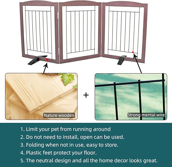 ZJSF Freestanding Dog Fence Indoor, Foldable Dog Gate for Doorways, Stairs or Hallways, Sturdy Wood Extra Wide Pet Gate with Support Feet for The House, Brown, 24 "Height-3 Panels