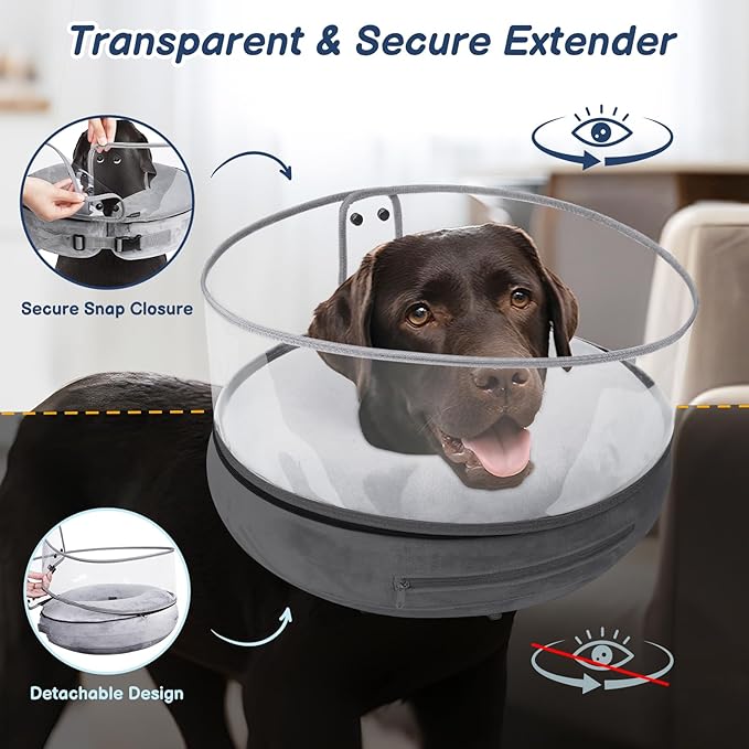 BARKLESS Inflatable Dog Cone, Protective Dog Surgery Collar to Stop Licking Biting Wounds, Patented Soft Donut Cone with Clear Shield, Adjustable Blow-up Collar for Surgery Recovery (Grey, M+)