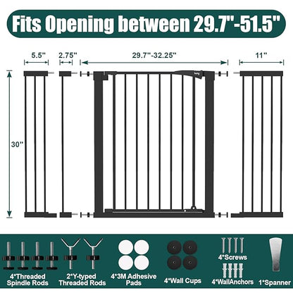 keny 29.7"-51.5" Extra Wide Baby Gate for Stairs, Easy Walk Thru Dog Gate with 21.1" Large Opening Door, Pressured Mounted No Drilling Pet Gate, 30" Tall, Black