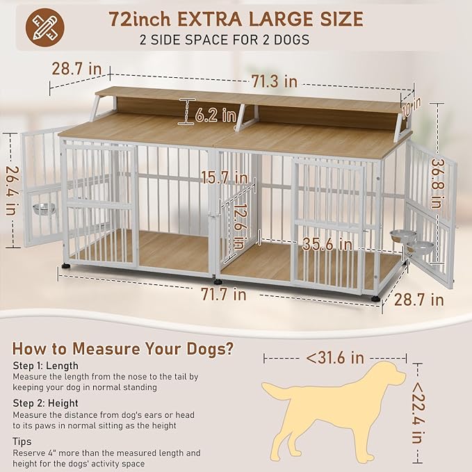 Dog Crate Furniture for 2 Dogs, 72" Extra Large Double Dog Cage Large Breed, XXL Thick Wooden Dog Crate with Storage Rack, Sturdy Dog Kennel with Removable Divider