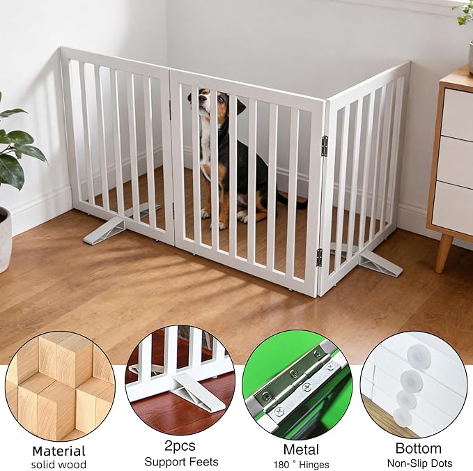 ZJSF Freestanding Indoor Dog Gate for House Foldable Wood White Puppy Gate for Doorways Pet Gate for Stairs Extra Wide Pet Fence 24" Height 3 Panels