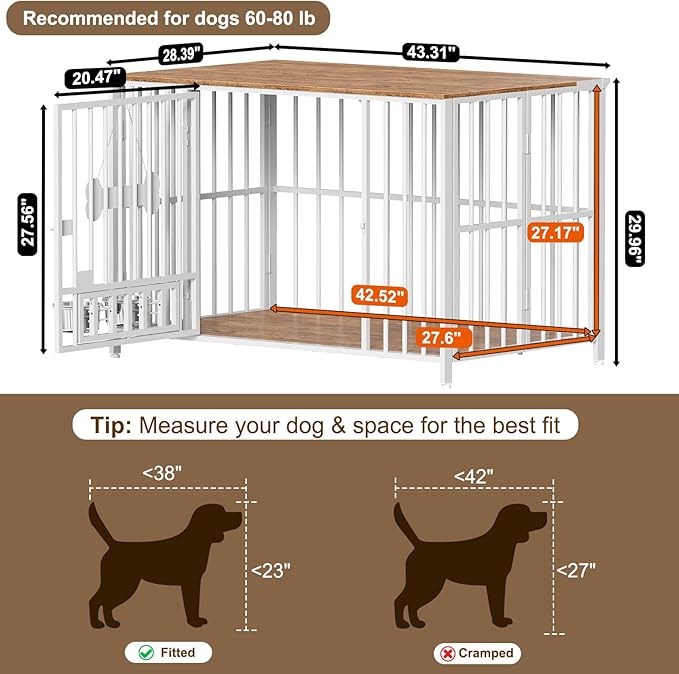 Easycom 43" Dog Crate Furniture Foldable, No Assembly Decorative Dog Kennel Indoor, XL Dog Crates for Large Dogs (60-80 lbs), Wooden Dog Cage with Adjustable Bowls and Name Tag, White & Beech