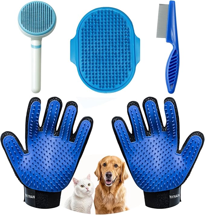 NVNAN 5 Piece Dog Grooming Brush Set with Grooming Gloves, Deshedding Comb & Massage Bath Brush | Dog Shampoo Brush - Multifunctional Pet Hair Removal Tools for Shedding, Bathing, Brushing (Blue)