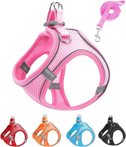 S Pink Soft Mesh Dog Harness and Leash Set,No Escape Puppy Harnesses for Training Walking， Reflective Adjustable Puppy Vest for Small Medium Dogs, Cats (Pink, S)