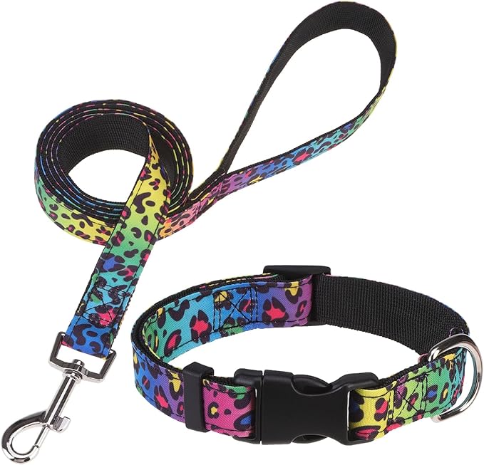 Dog Collar and Leash Set for Medium Dogs, Adjustable Soft Puppy Collar with Quick Release Buckle, 5FT Heavy Duty Nylon Matching Leash for Boy Girl Chihuahua, Yorki, Bulldog, Leopard M