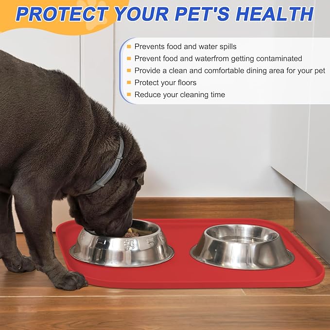 SMILOOL Silicone Pet Feeding Mat with Raised Edge for Food and Water, Dog Bowl Mats, Cat Bowls Placemat with High Lip for Floor Waterproof, Rubber Tray for Cats and Dogs 22 x 14 x0.8 Red
