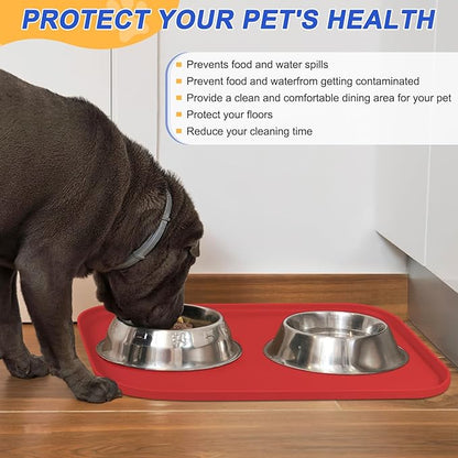 SMILOOL Silicone Pet Feeding Mat with Raised Edge for Food and Water, Dog Bowl Mats, Cat Bowls Placemat with High Lip for Floor Waterproof, Rubber Tray for Cats and Dogs 22 x 14 x0.8 Red