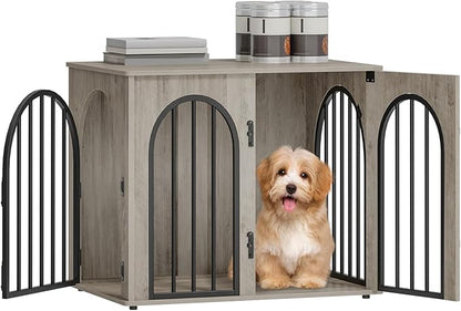 Hzuaneri 26.8'' Wooden Dog Crate Furniture, Indoor Dog Kennel Dogs Cage for Small Dogs, Heavy Duty Dog Crates Decorative Pet House End Side Table TV Stand, Greige DFC85505B