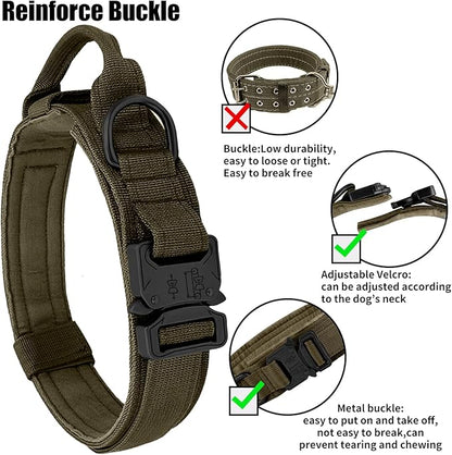 Tactical Dog Collar - Green, XL, Nylon, Heavy Duty Metal Buckle, Control Handle for Small, Medium, Large Dogs