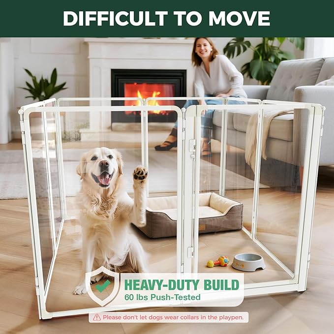 FXW AuraSpace Pro Acrylic Indoor Dog Playpen, Heavy-Duty with Metal Frame, 40" Height 8 Panels for Medium and Large Dogs, White│Patented