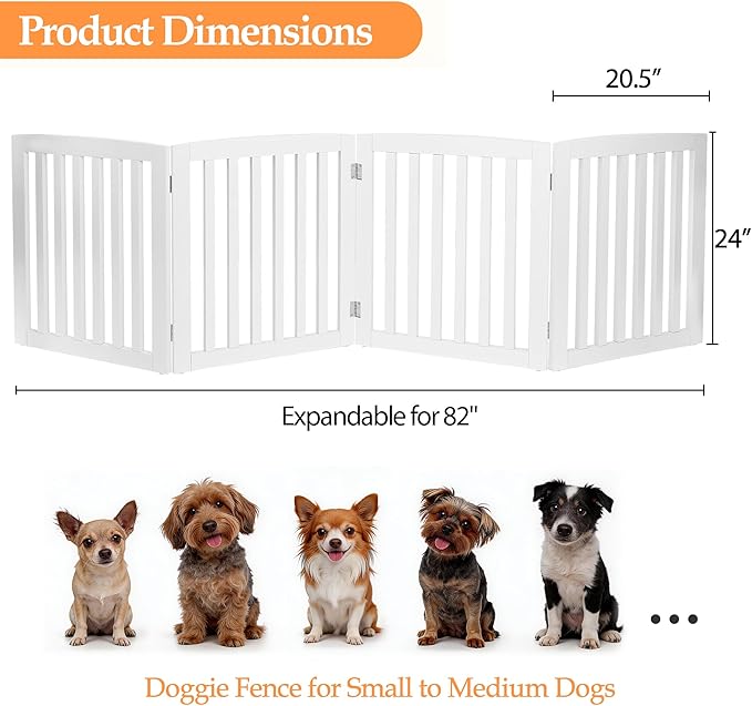 Dog Gate Pet Gate Indoor for Stairs Doorways 82x24 Inch 4 Panels Dog Fence Extra Wide Wooden White