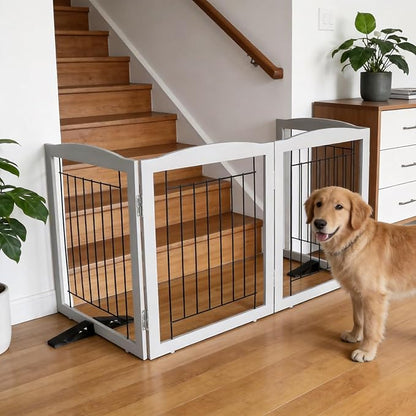 ZJSF Freestanding Dog Fence Indoor, Foldable Dog Gate for Doorways, Stairs or Hallways, Sturdy Wood Extra Wide Pet Gate with Support Feet for The House, Grey, 32 "Height-4 Panels