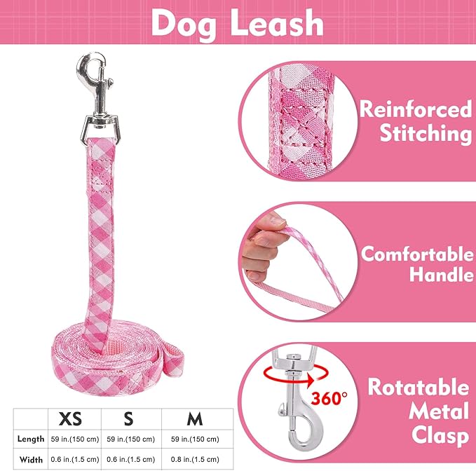 EXPAWLORER Cute Dog Harness Collar Leash Set - Pink Girl Dog Harness Checkered Step-in Design, Detachable Bow Pet Collar, Adjustable No-Choke Lightweight Mesh Vest for Small Medium Dogs, M