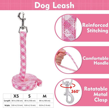 EXPAWLORER Cute Dog Harness Collar Leash Set - Pink Girl Dog Harness Checkered Step-in Design, Detachable Bow Pet Collar, Adjustable No-Choke Lightweight Mesh Vest for Small Medium Dogs, M